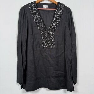 Worth Black Linen Tunic with Embellished V-Neck, Size M, Excellent Condition!